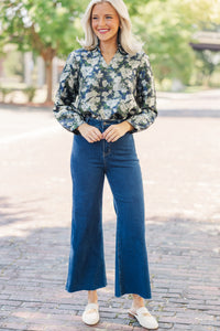 On Your Mind Navy Blue Floral Brocade Blouse