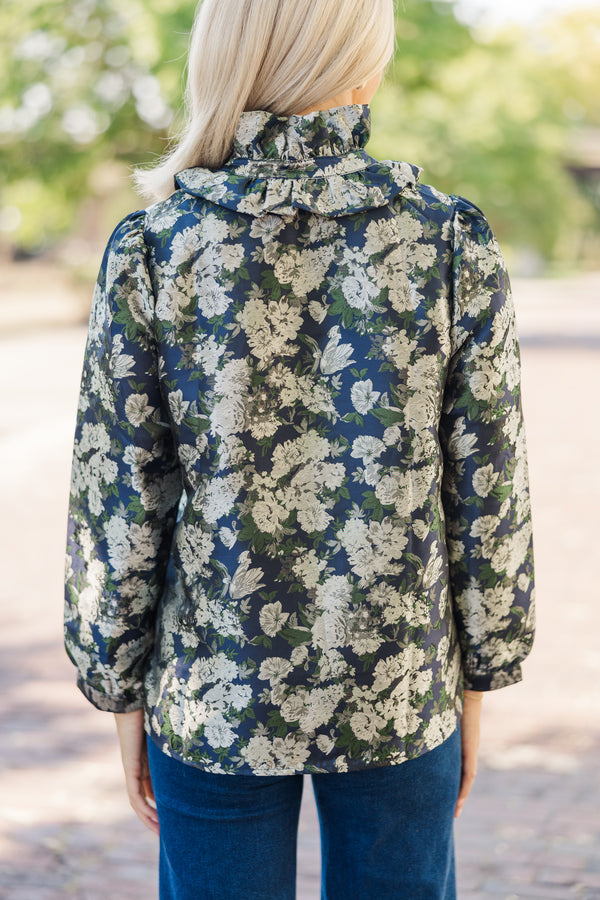 On Your Mind Navy Blue Floral Brocade Blouse