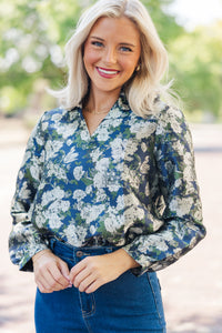 On Your Mind Navy Blue Floral Brocade Blouse