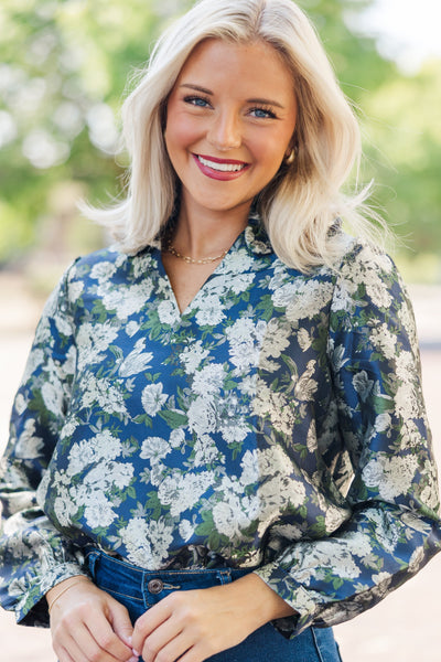 On Your Mind Navy Blue Floral Brocade Blouse – Shop the Mint