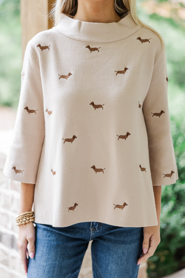 It All Works Taupe Dachshund Embroidered Sweater