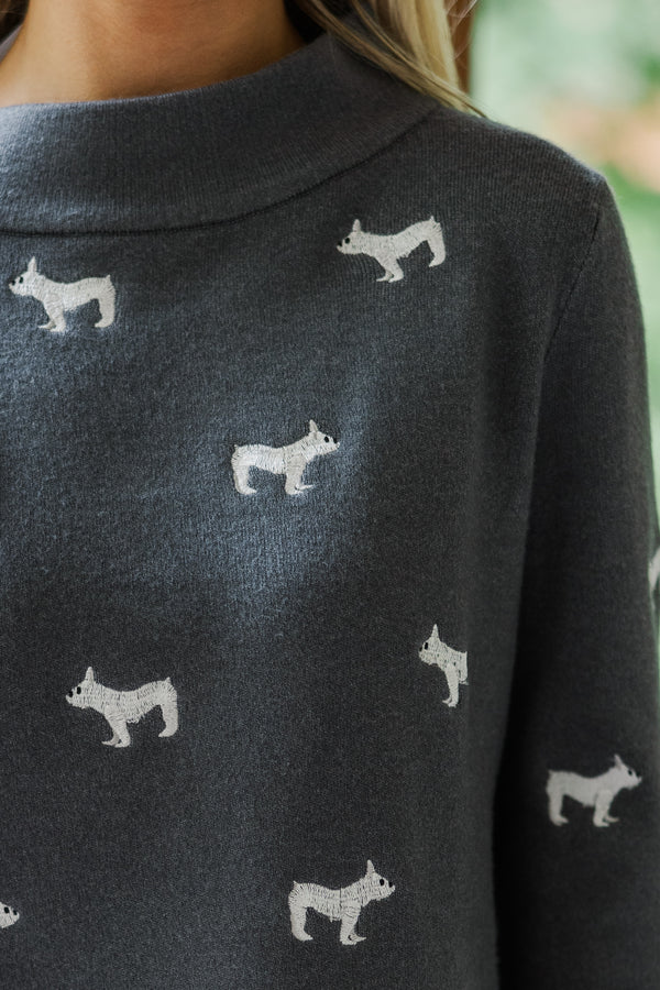 It All Works Charcoal Gray French Bulldog Embroidered Sweater