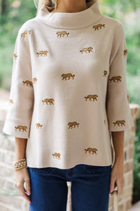 It All Works Taupe Tiger Embroidered Sweater