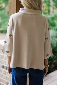 It All Works Taupe Tiger Embroidered Sweater