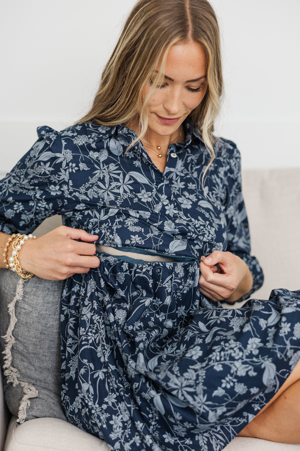 NURSING COLLECTION: Lots Of Love Navy Blue Floral Shirt Dress