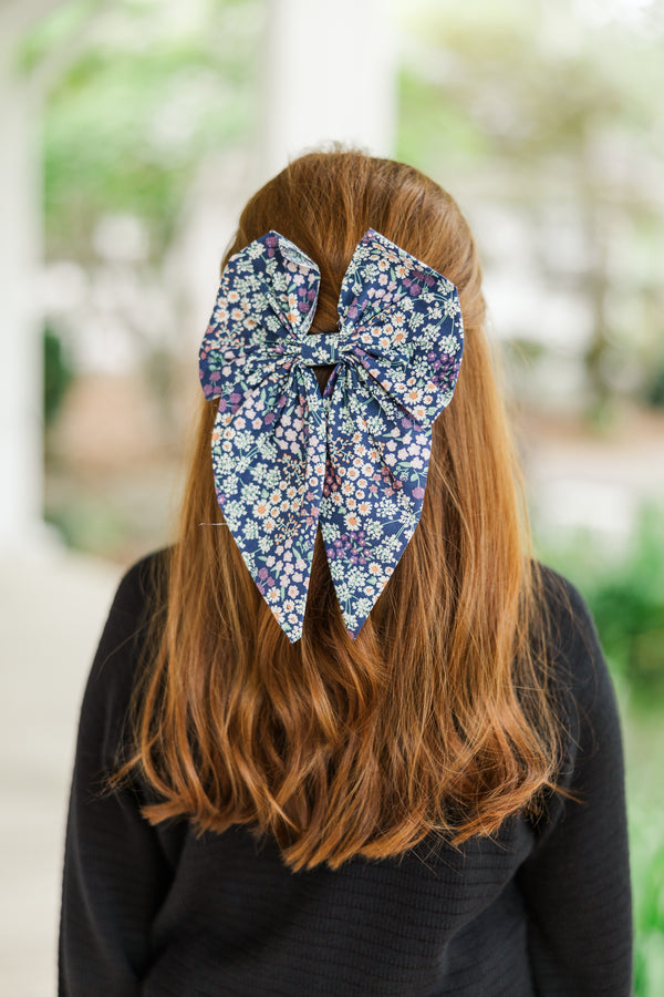 Girls: Trust Yourself Navy Blue Ditsy Floral Hair Bow