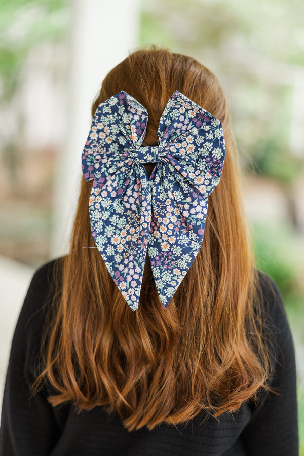 Girls: Trust Yourself Navy Blue Ditsy Floral Hair Bow