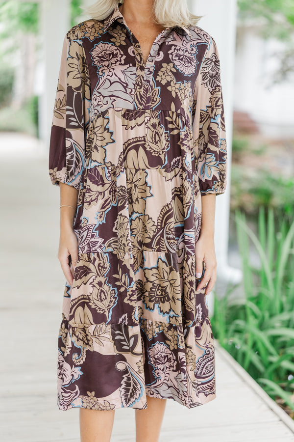 Here For The Day Brown Floral Midi Dress