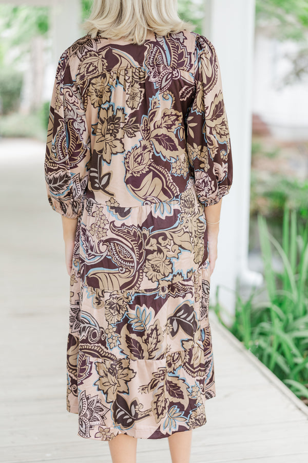 Here For The Day Brown Floral Midi Dress