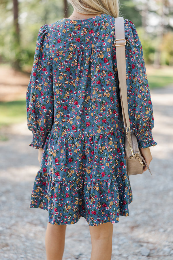 New Days Dusty Blue Ditsy Floral Dress