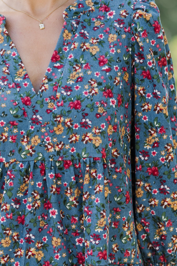 New Days Dusty Blue Ditsy Floral Dress