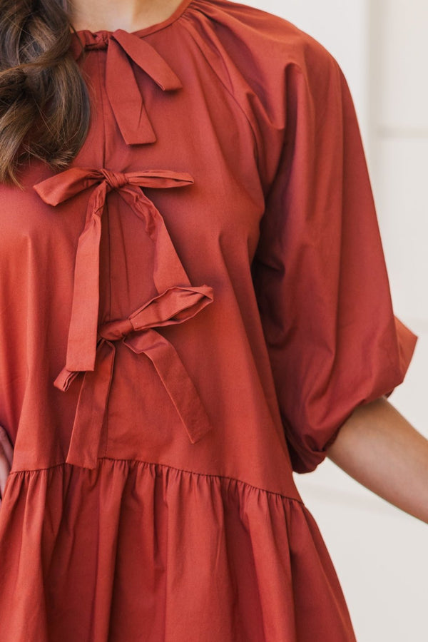 Ready To Run Rust Orange Bow Detailed Dress, Medium - The Mint Julep Boutique
