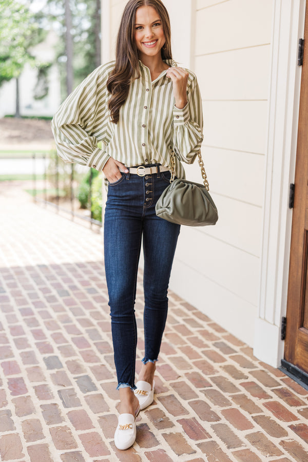 Remember It Well Olive Green Striped Blouse