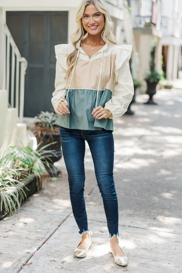 Stay On Your Mind Cream/Dusty Teal Babydoll Blouse