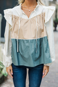 Stay On Your Mind Cream/Dusty Teal Babydoll Blouse