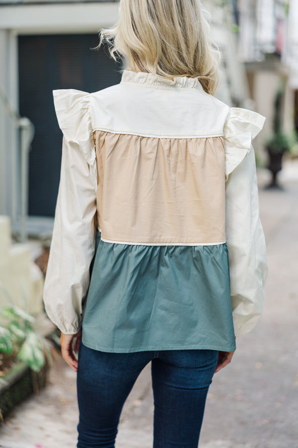 Stay On Your Mind Cream/Dusty Teal Babydoll Blouse