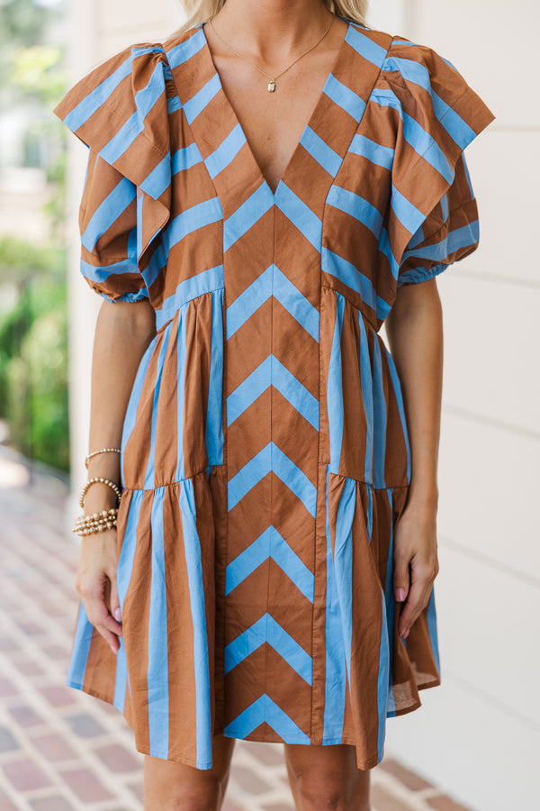 Take Care Brown Striped Babydoll Dress