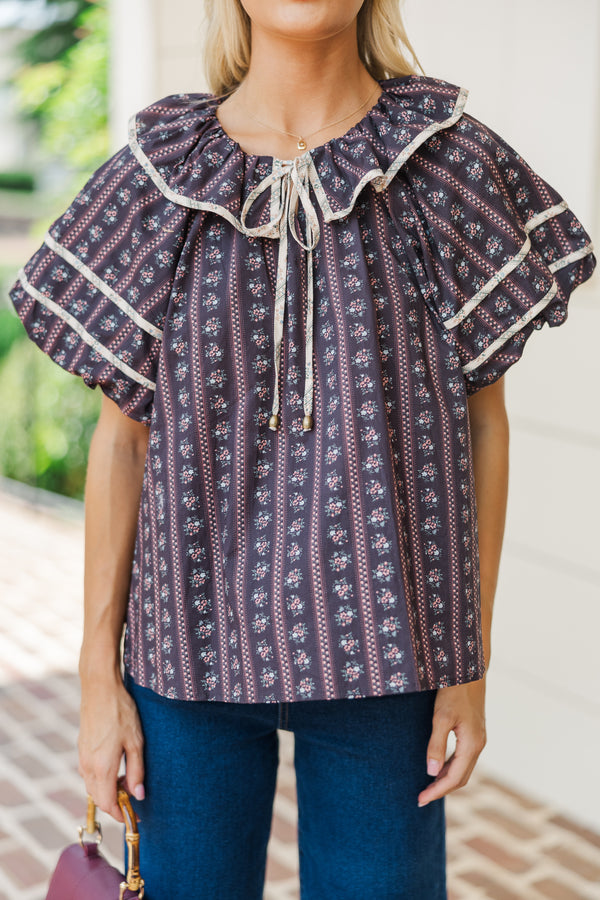 On The Road Espresso Brown Floral Blouse