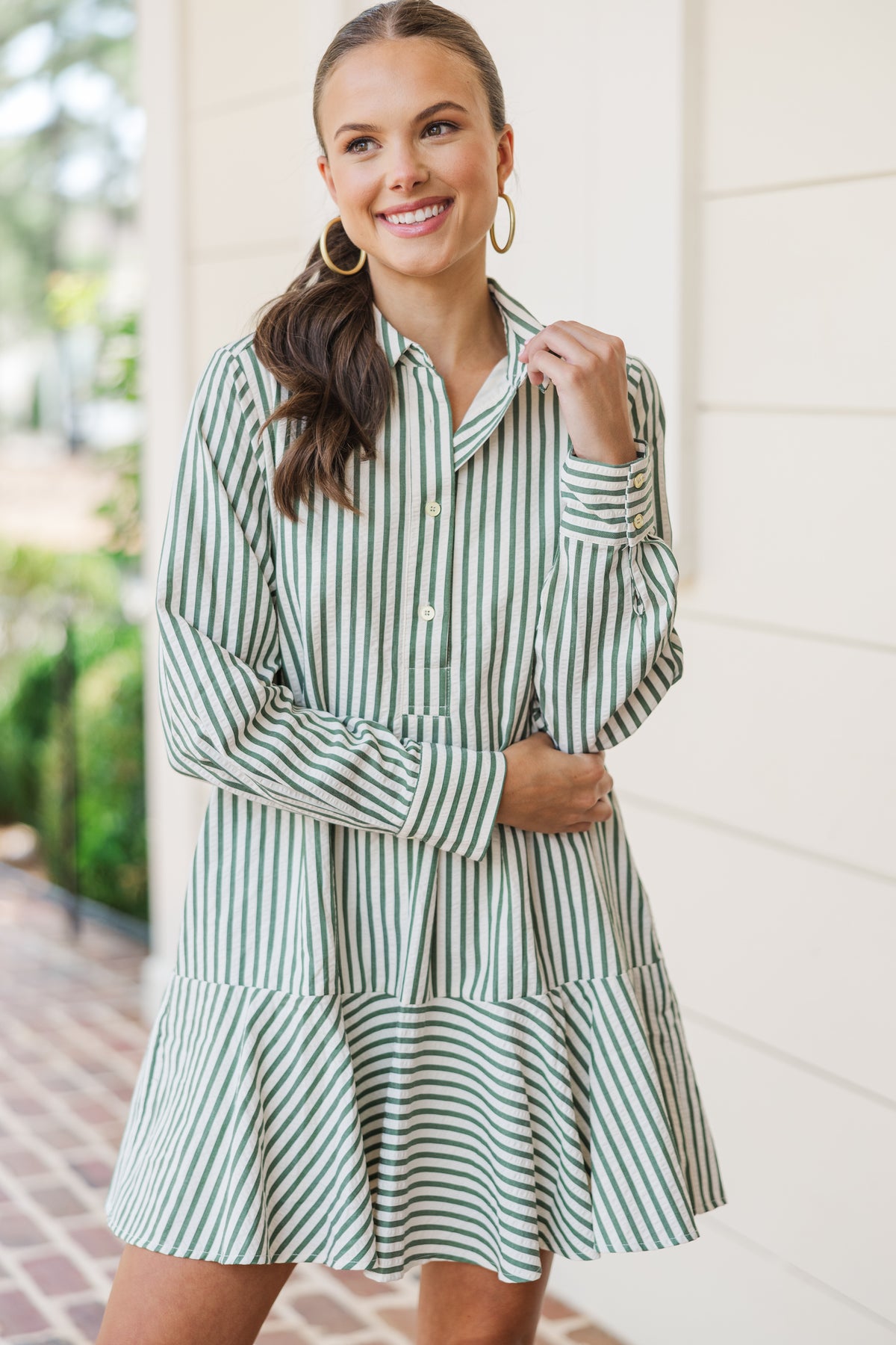 slim fit dress slacks Mint Green Striped Wide Short Sleeve Shift Mini Shirt Dress