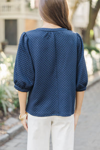 All That You Know Navy Blue Textured Blouse