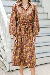 Somewhere Out There Brown Leaf Print Midi Dress