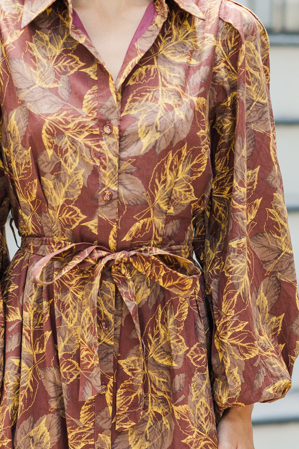 Somewhere Out There Brown Leaf Print Midi Dress