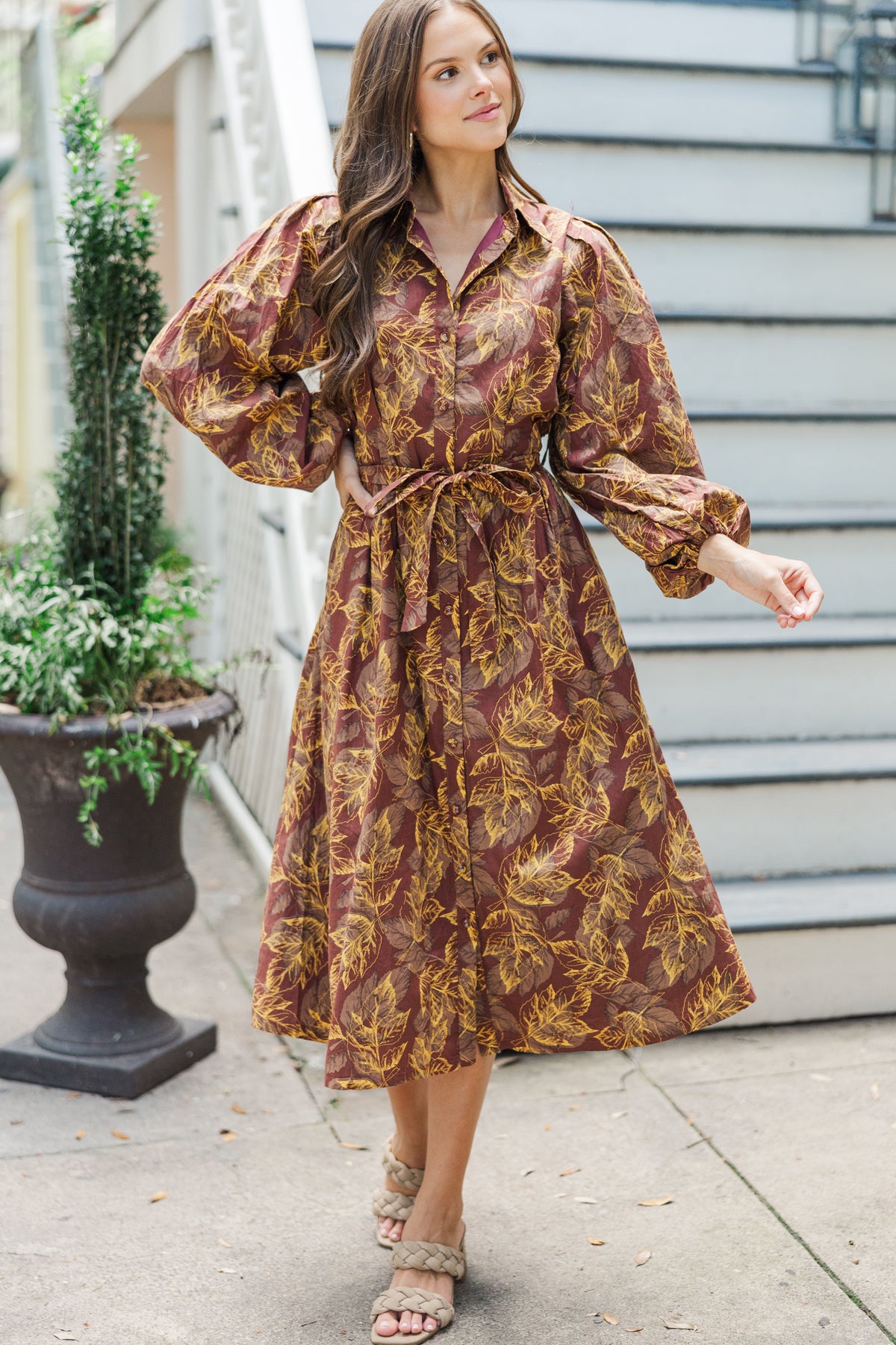 Somewhere Out There Brown Leaf Print Midi Dress, Large - The Mint Julep Boutique | Women's Boutique Clothing Somewhere Out There Brown Leaf Print Midi Dress, Large - The Mint Julep Boutique | Women's Boutique Clothing