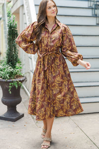 Somewhere Out There Brown Leaf Print Midi Dress