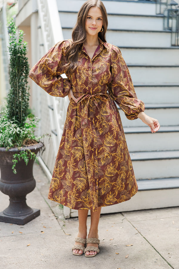 Somewhere Out There Brown Leaf Print Midi Dress, Large - The Mint Julep Boutique | Women's Boutique Clothing Somewhere Out There Brown Leaf Print Midi Dress, Large - The Mint Julep Boutique | Women's Boutique Clothing