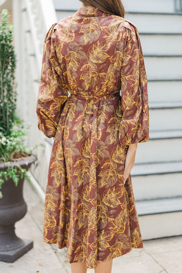 Somewhere Out There Brown Leaf Print Midi Dress