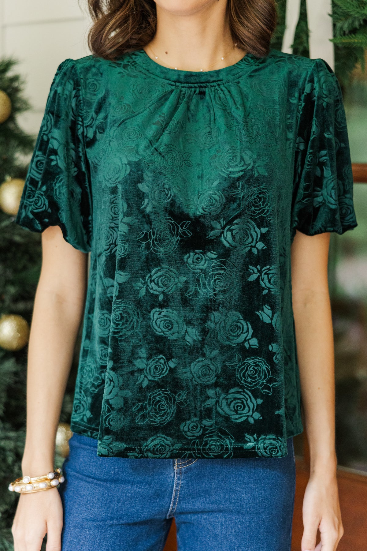 Green Velvet Fancy Neck Blouse