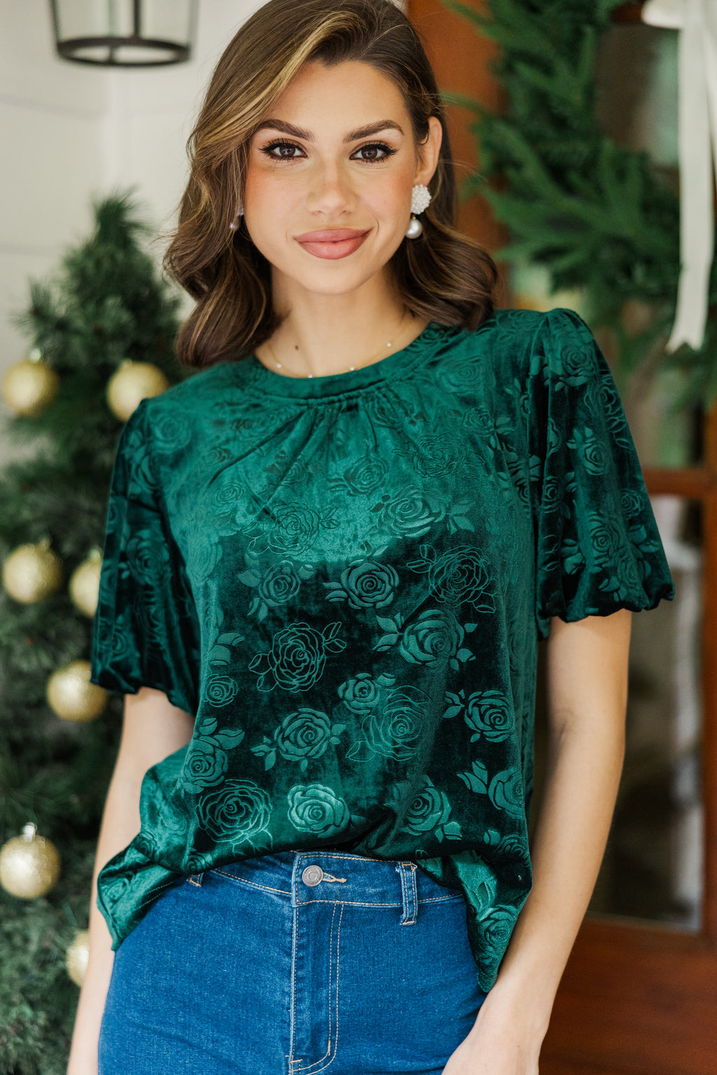 新品 naokitomizuka Velvet gathered blouse 114499.All-In-Emerald-Green-