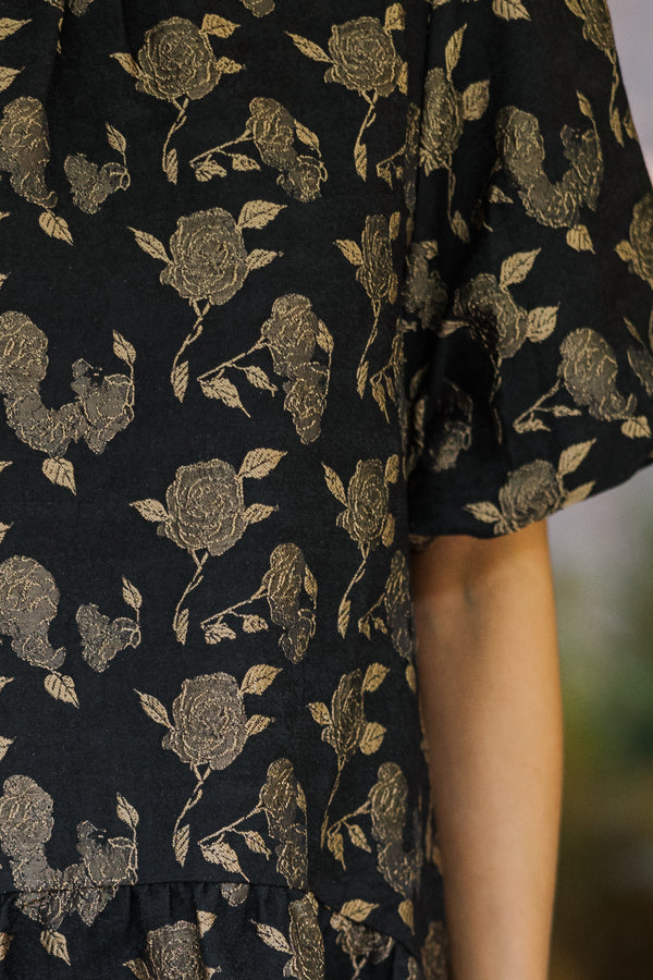 See It All Black Floral Brocade Dress