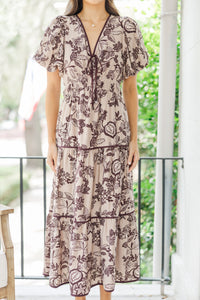 Calling On You Taupe Floral Midi Dress