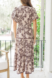 Calling On You Taupe Floral Midi Dress