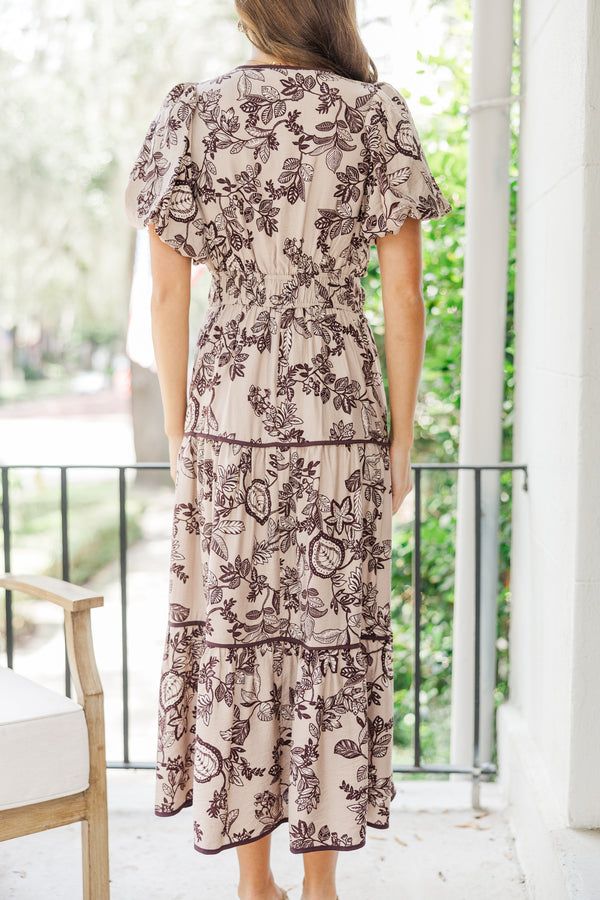 Calling On You Taupe Floral Midi Dress Shop the Mint Calling On You Taupe Floral Midi Dress Shop the Mint