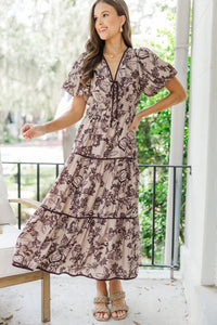 Calling On You Taupe Floral Midi Dress