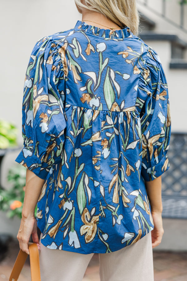 On The Right Path Midnight Blue Floral Blouse