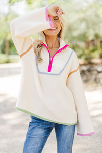 Calling On You Ecru Half Zip Sweater