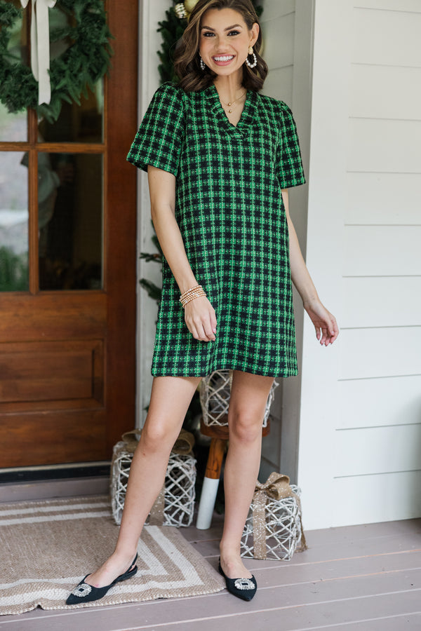 Get What You Need Green & Black Tweed Dress