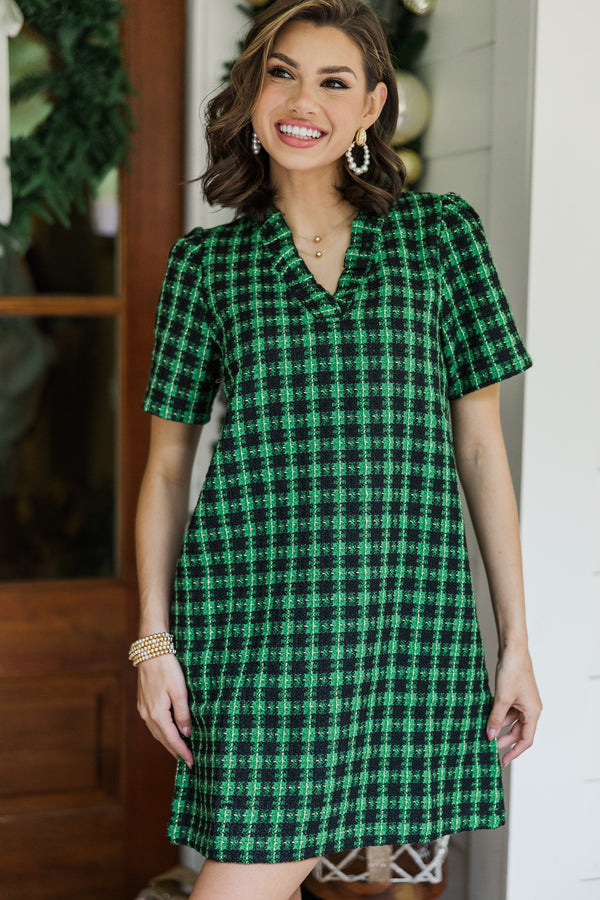 Get What You Need Green & Black Tweed Dress