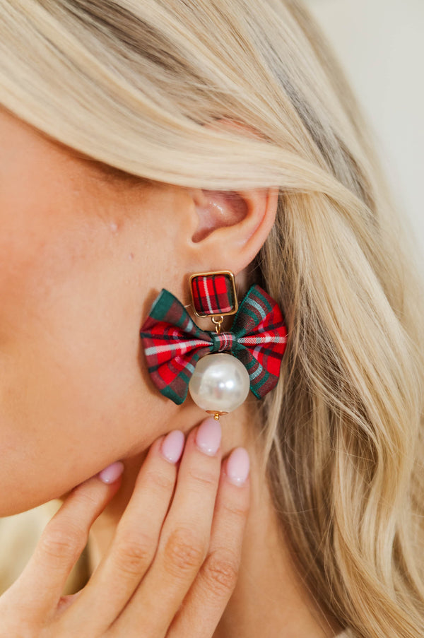Such A Gift Green Plaid Bow Earrings