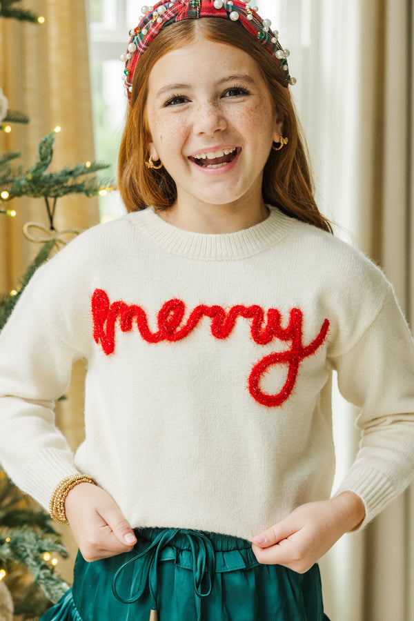 Girls: Be Merry Cream White Script Sweater