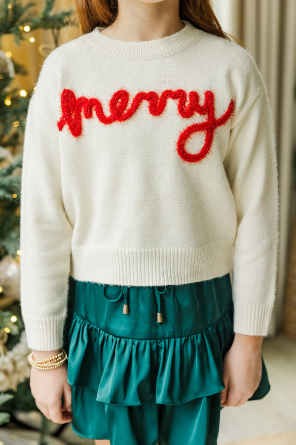 Girls: Be Merry Cream White Script Sweater