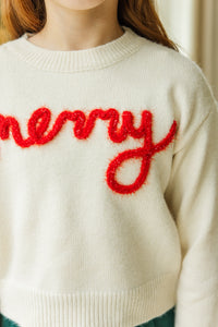 Girls: Be Merry Cream White Script Sweater