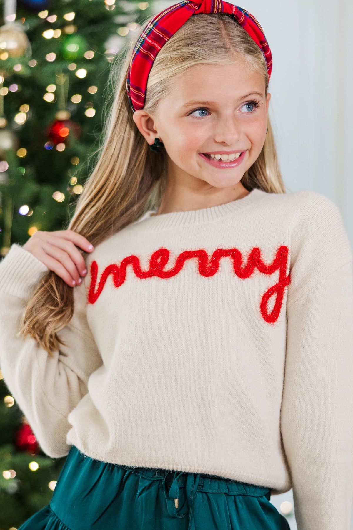 Girls: Be Merry Cream White Script Sweater – Shop the Mint