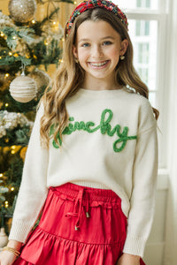 Girls: Feeling Grinchy Cream White Script Sweater