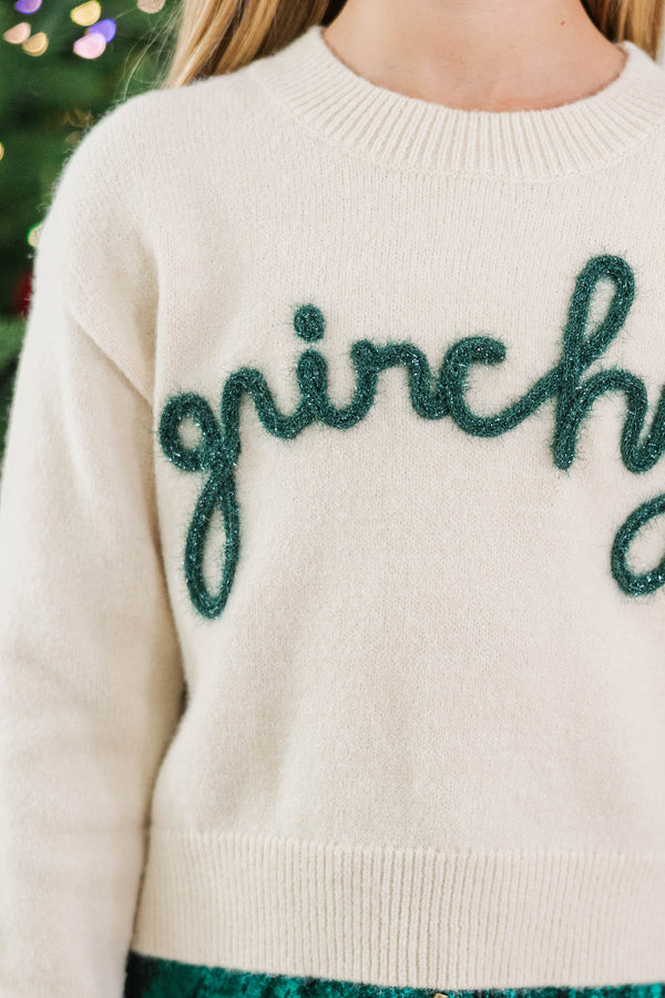 Girls: Feeling Grinchy Cream White Script Sweater