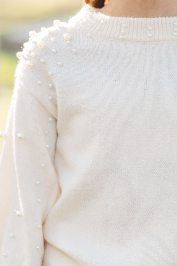 Girls: Can't Help But Love Cream White Pearl Studded Sweater