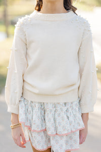 Girls: Can't Help But Love Cream White Pearl Studded Sweater